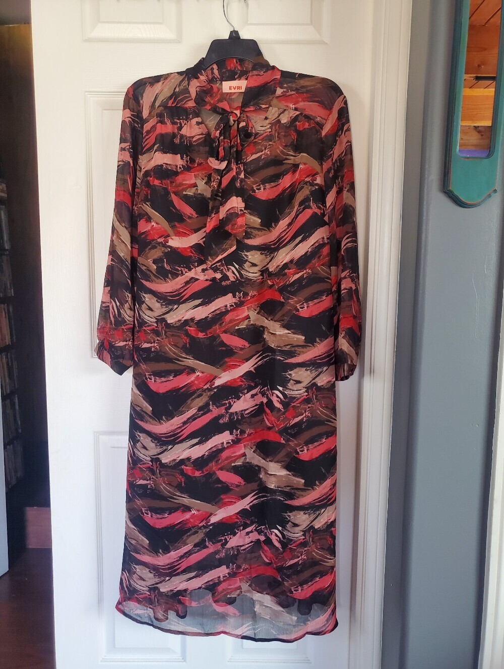 EVRI Midi Dress Abstract Print Front Necktie Shift Sheath Sheer Lined Red Black